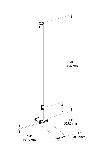 Pole 4 Inch Round 7 Gauge 20 Foot DrilLED Two Sides Square, Base