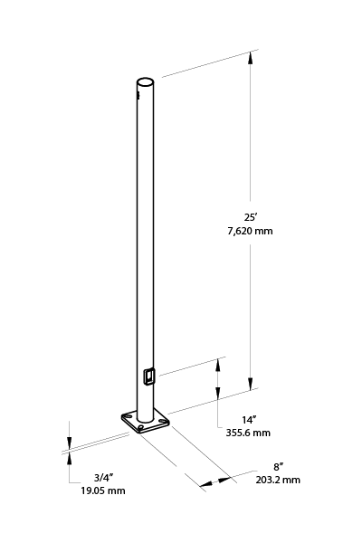 Pole 4 Inch Round 7 Gauge 25 Foot DrilLED Two Sides Square, Base