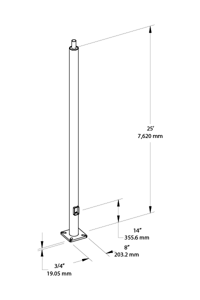 Pole 4 Inch Round 7 Gauge 25 Foot Welded Tenon Square, Base