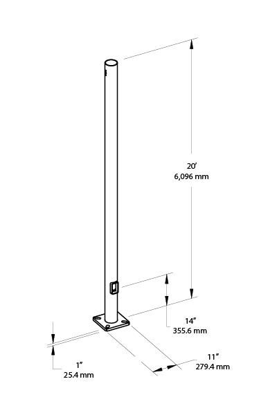 Pole 5 Inch Round 7 Gauge 20 Foot DrilLED Two Sides Square, Base