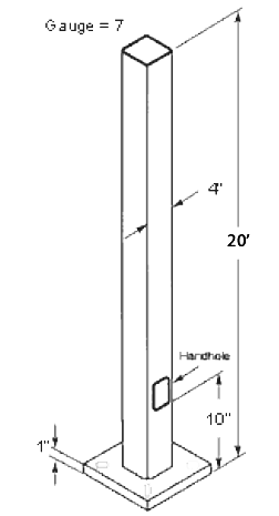 Pole 4 Inch Square 7 Gauge 20Ft DrilLED 2 Sides@ 180Deg+ Plugs