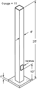 Pole 4 Inch Square 11 Gauge 25Ft DrilLED 2 Sides@ 180Deg+ Plugs