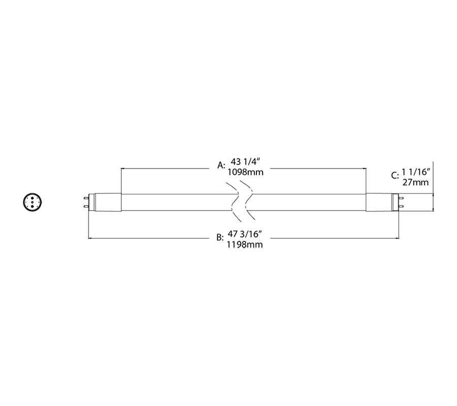 T8 LED Glass 4Ft Type B 12W, 3000k, 1800Lm , Single ended