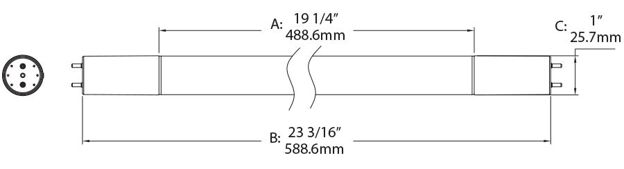 LED Tube T8 Glass 2Ft 8W, 5000k, Type B 1080Lm , Single end