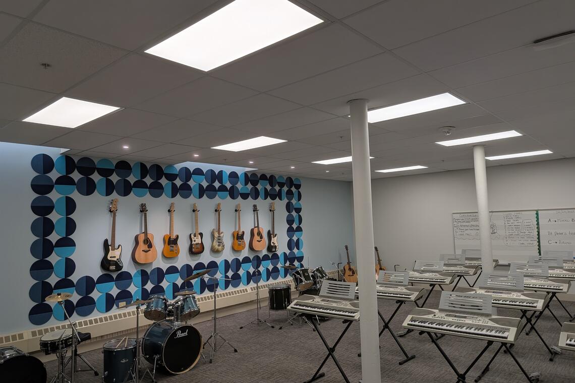 St Peter's Teen Center's Music Room showing the new renovations, including new lighting. 