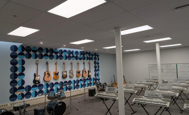 St Peter's Teen Center's Music Room showing the new renovations, including new lighting. 