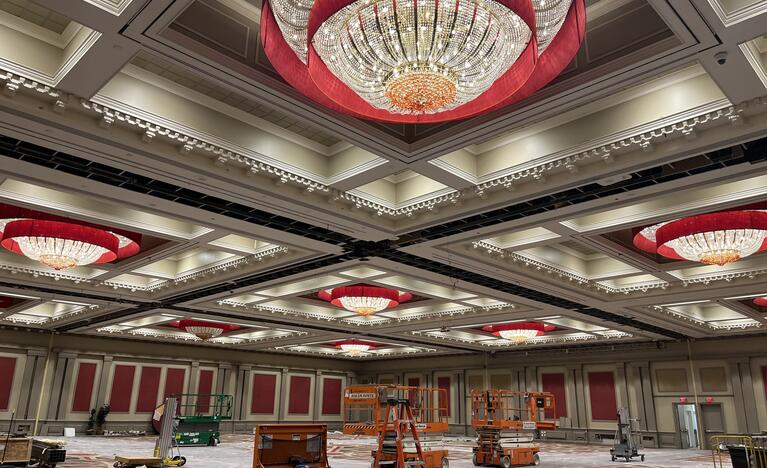 Golden Nugget Casino ballroom, with chandeliers controlled through RAB's Lightcloud Blue wireless controls. 